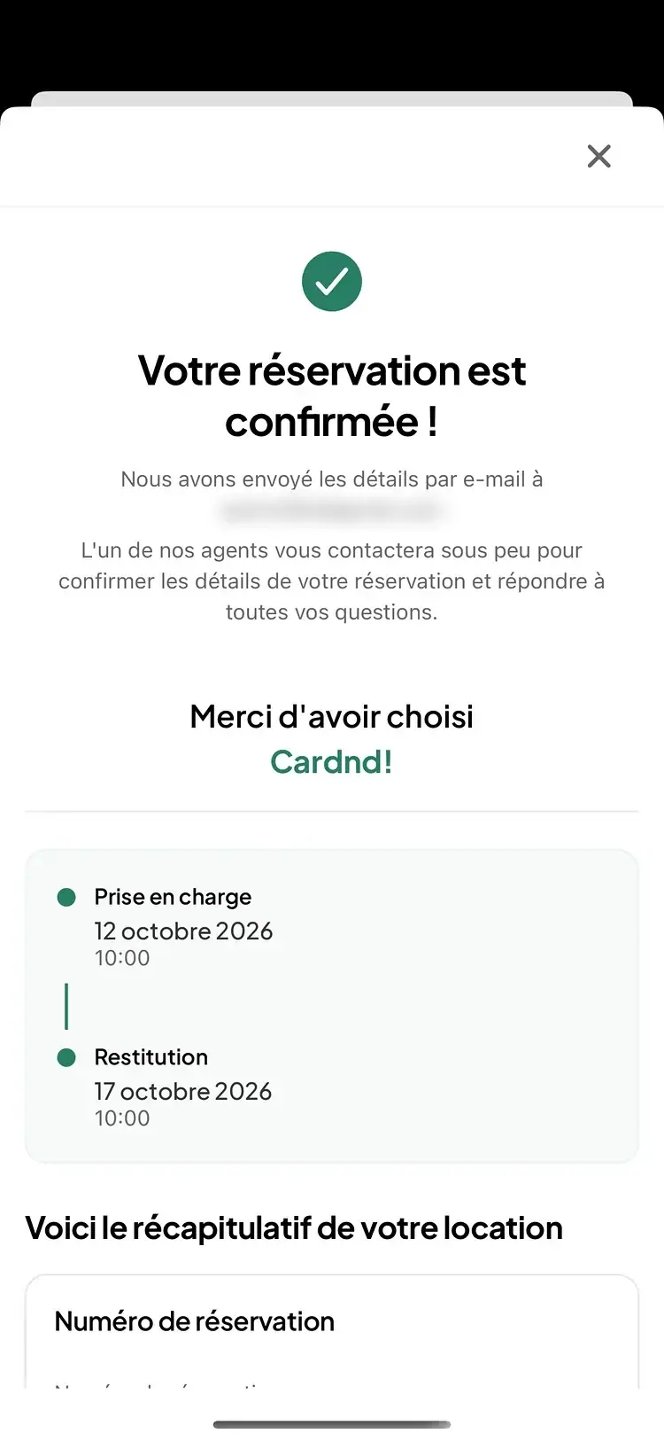 Cardnd app — Booking confirmation and rental recap