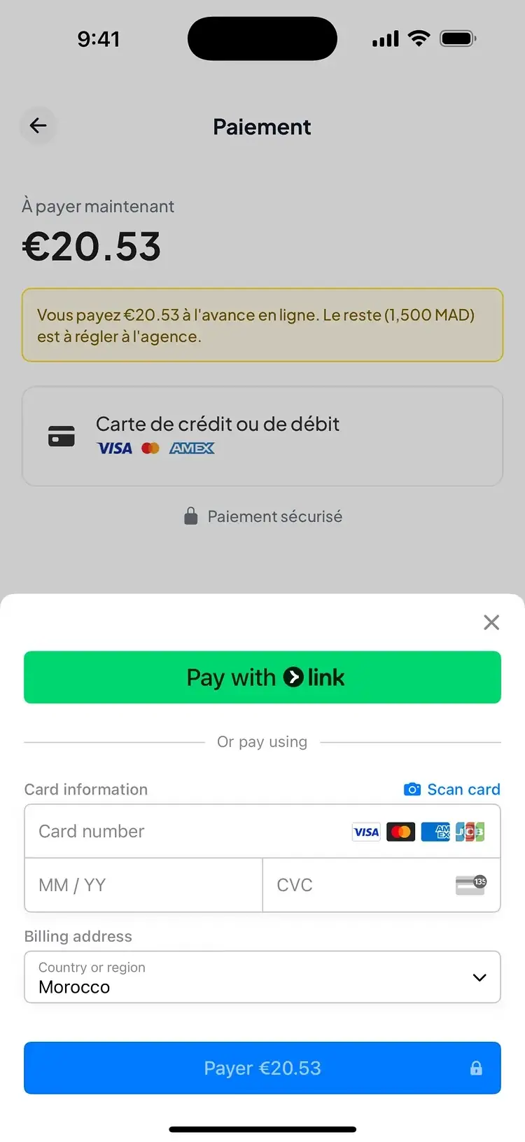 Cardnd app — Card payment within the reservation flow