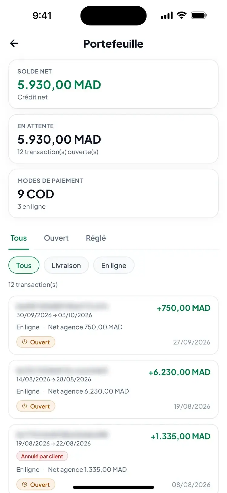 Cardnd app — Agency earnings and transaction history