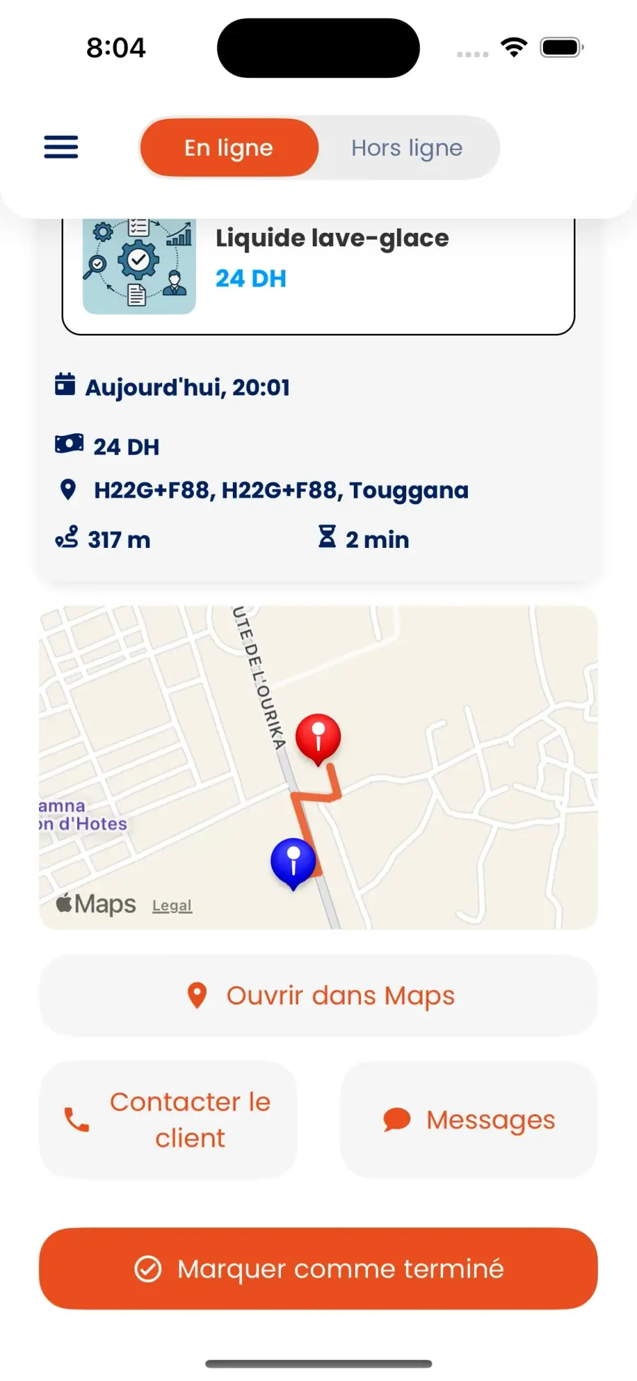 WashMinute app — Washman view: navigate, contact and complete