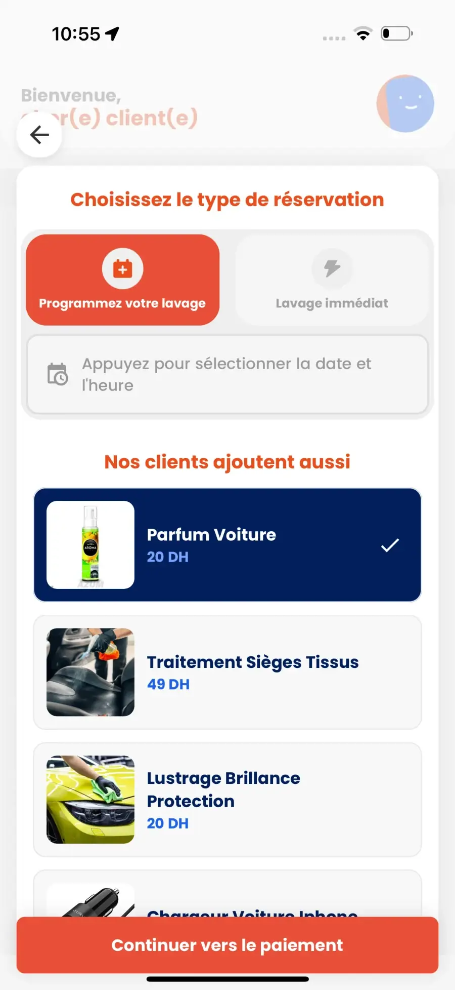 WashMinute app — Add the treatments the car needs