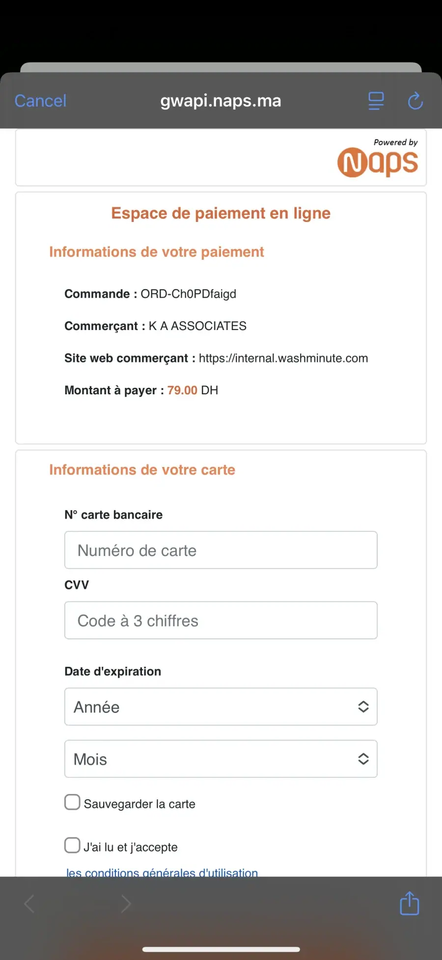 WashMinute app — Complete an online card payment with NAPS