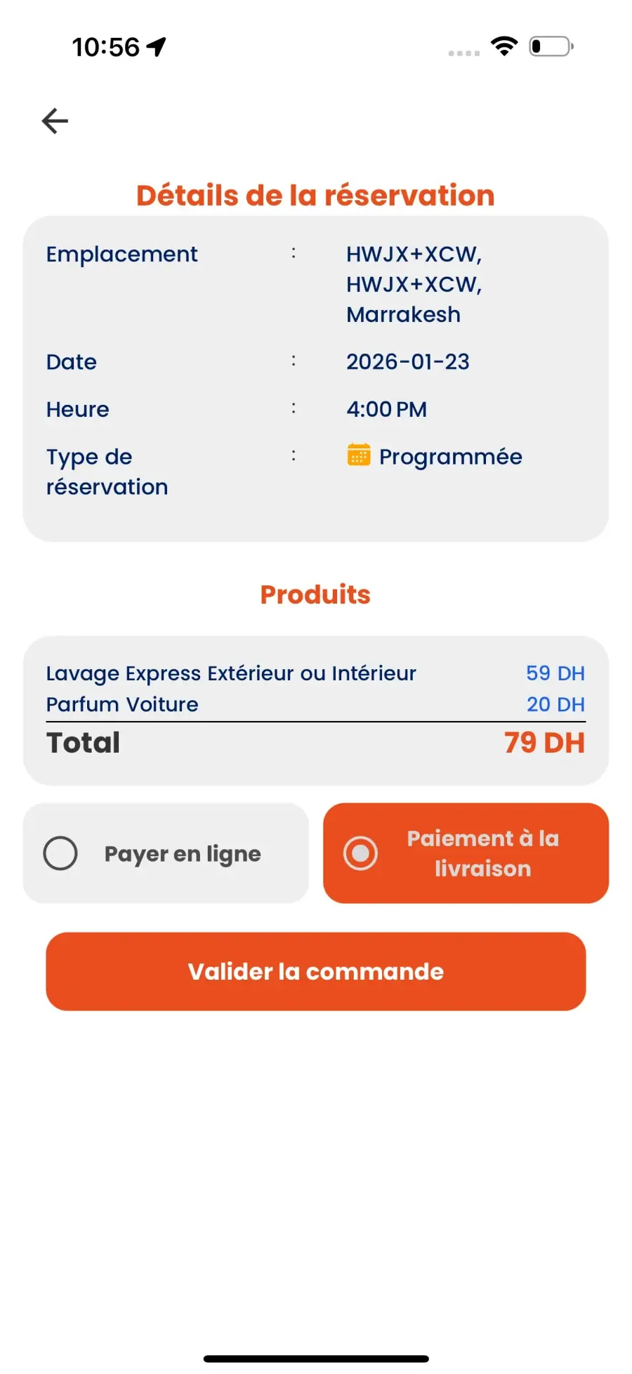 WashMinute app — Review the services, total and payment choice