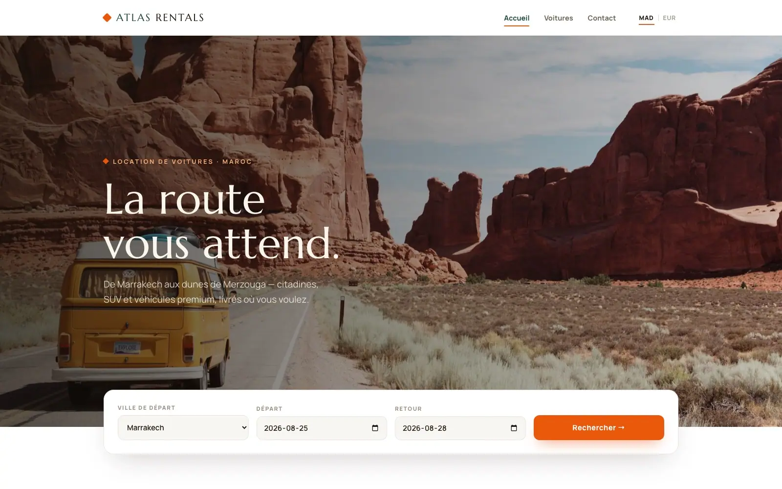Atlas Rentals (Car rental · Morocco) — homepage on a desktop screen