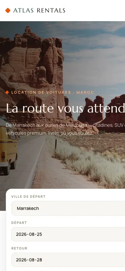Atlas Rentals (Car rental · Morocco) — homepage on a phone