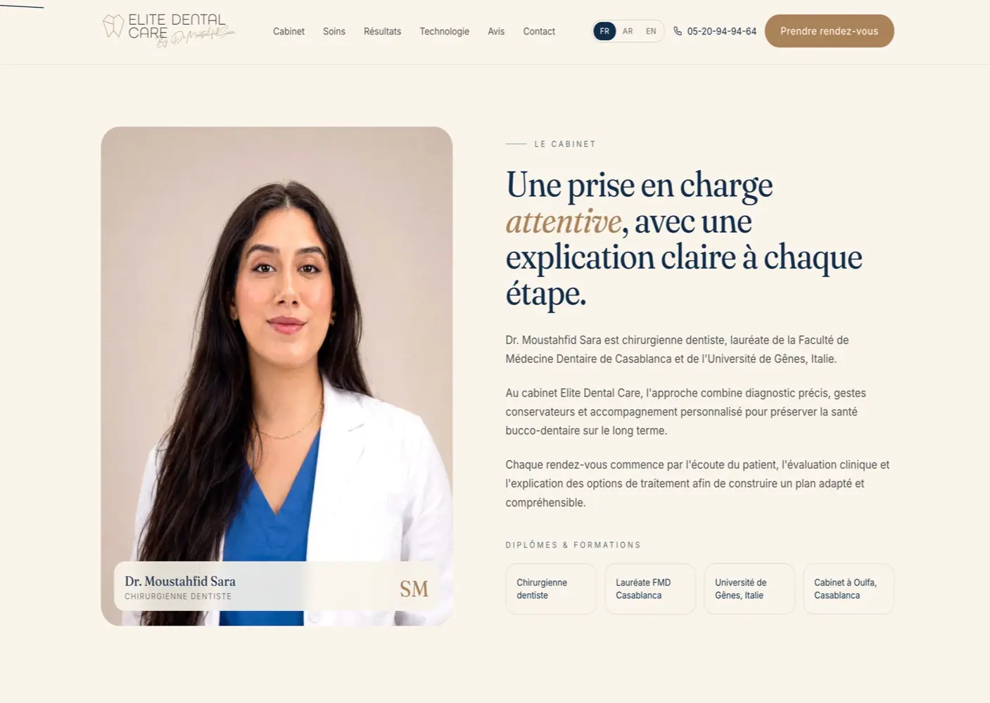 Elite Dental Care (Dental clinic · Casablanca) — homepage on a desktop screen
