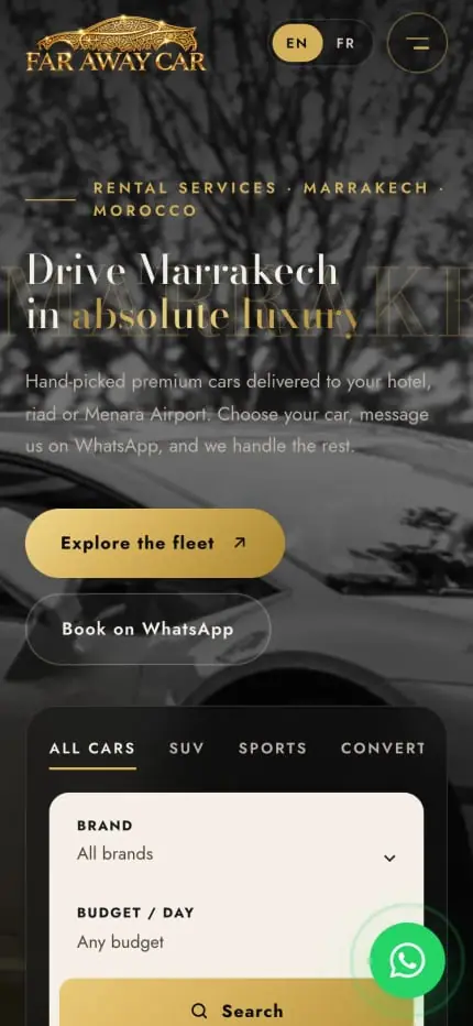 Far Away Car (Luxury car rental · Marrakech) — homepage on a phone