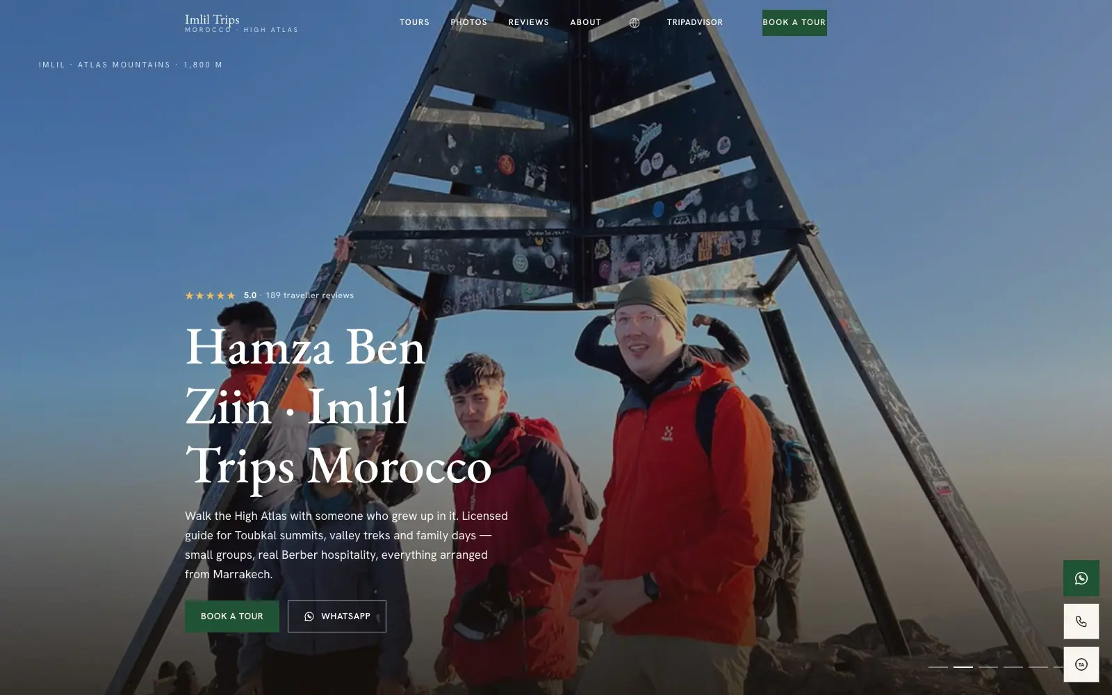 Imlil Trips Morocco (Mountain guide · High Atlas) — homepage on a desktop screen