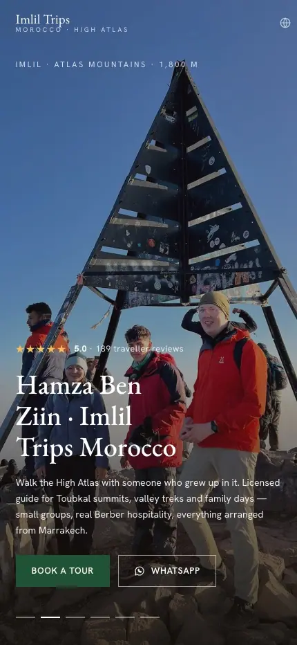 Imlil Trips Morocco (Mountain guide · High Atlas) — homepage on a phone