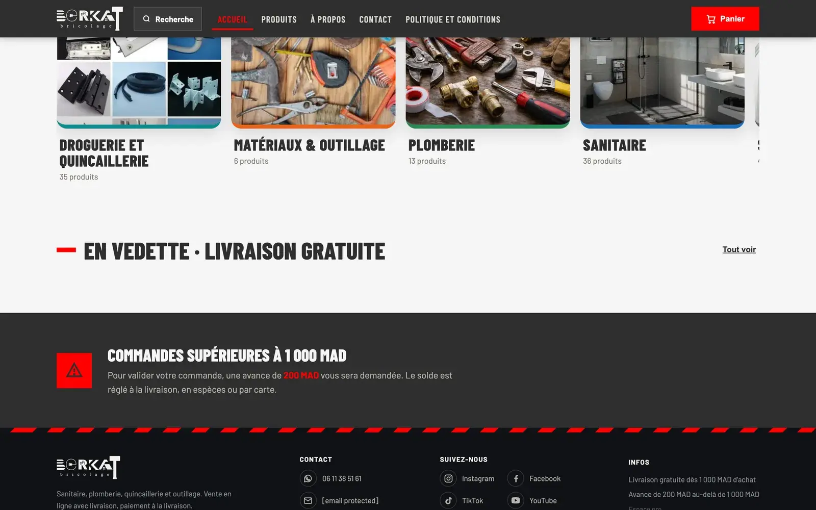 Berkat Bricolage hardware, plumbing & diy website — Trade categories and order rules (desktop screenshot)