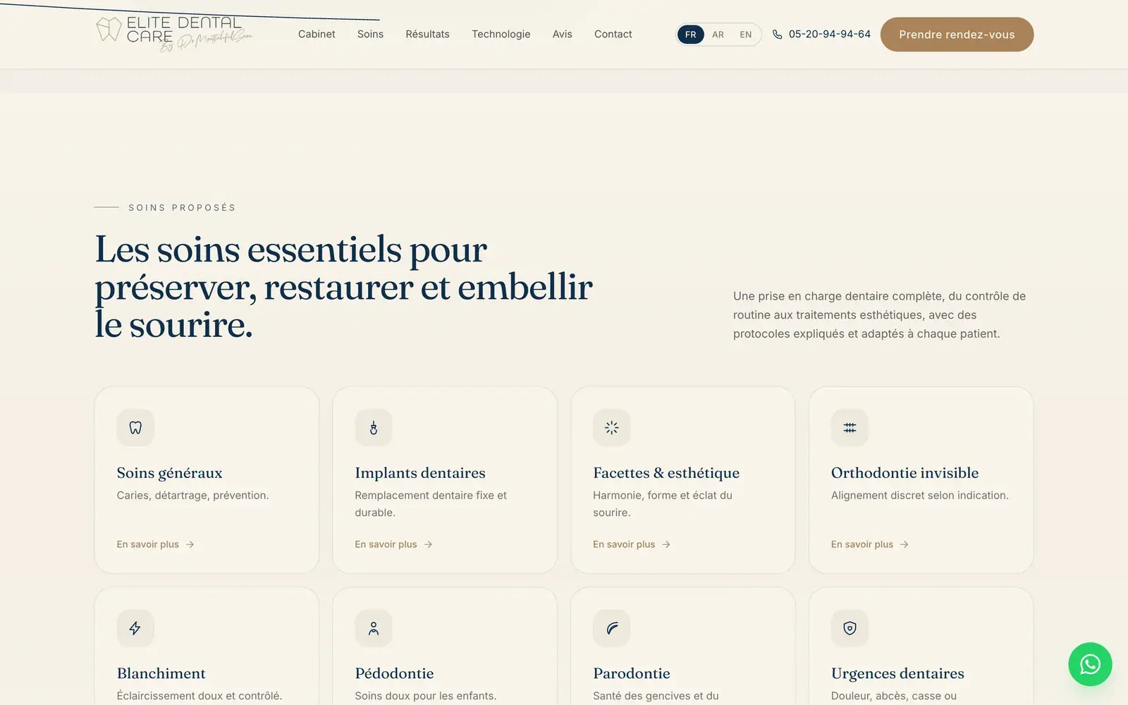 Elite Dental Care dental clinic website — Treatments offered (desktop screenshot)