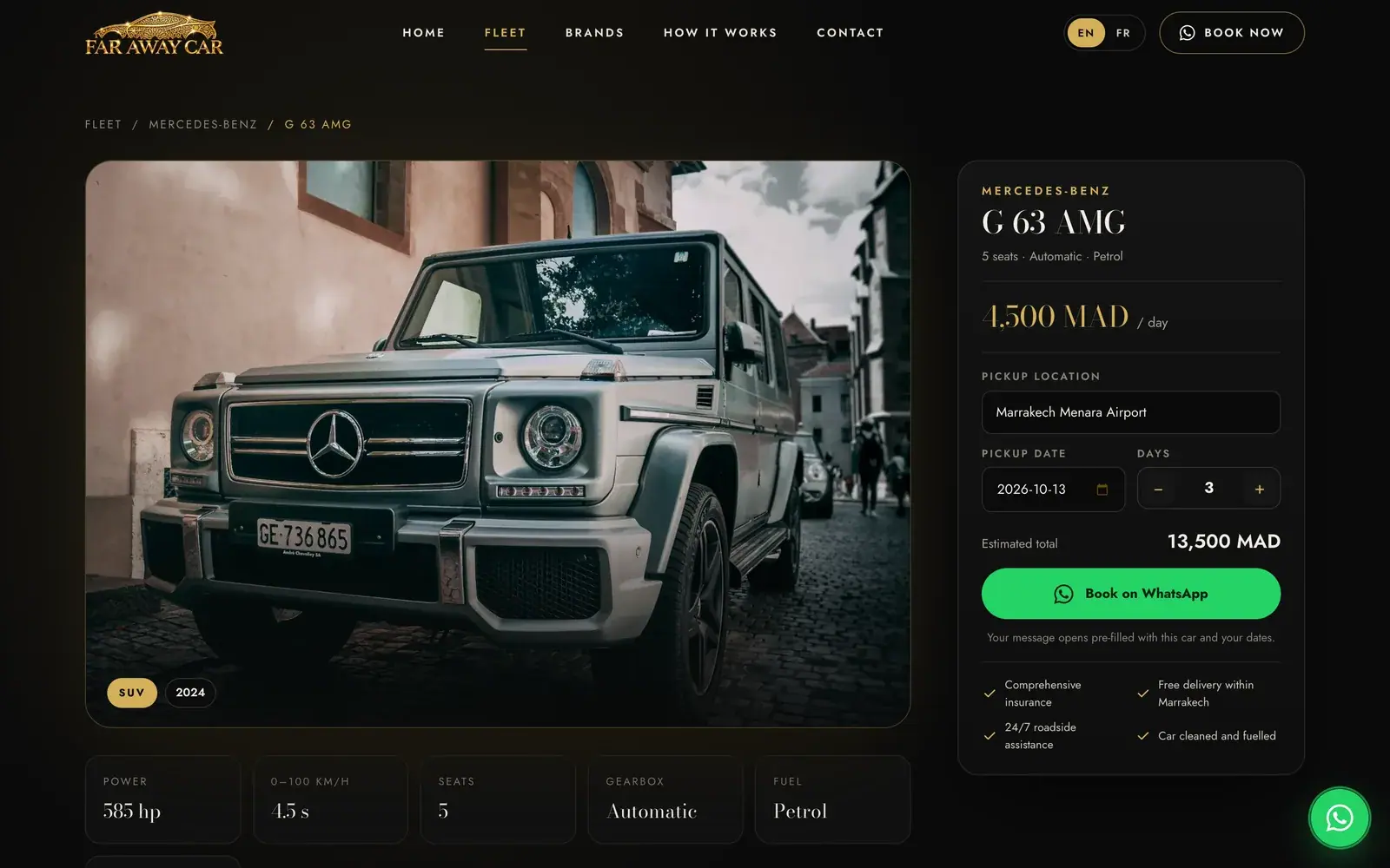 Far Away Car luxury car rental website — Car page with live total and WhatsApp booking (desktop screenshot)