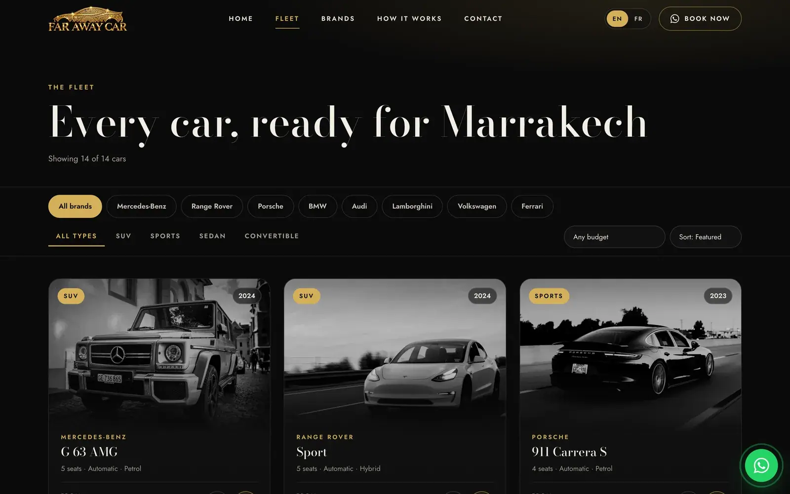 Far Away Car luxury car rental website — Fleet with brand, type and budget filters (desktop screenshot)