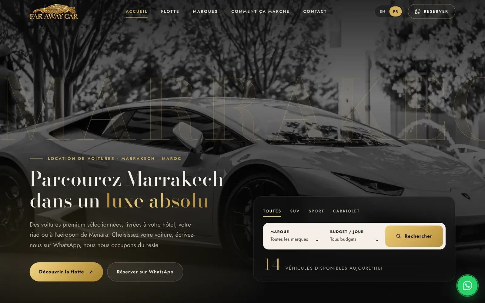 Far Away Car luxury car rental website — Full French version (desktop screenshot)