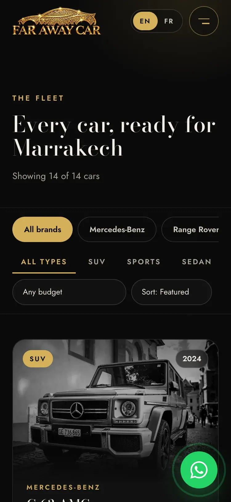 Far Away Car luxury car rental website — Mobile fleet and filters (mobile screenshot)
