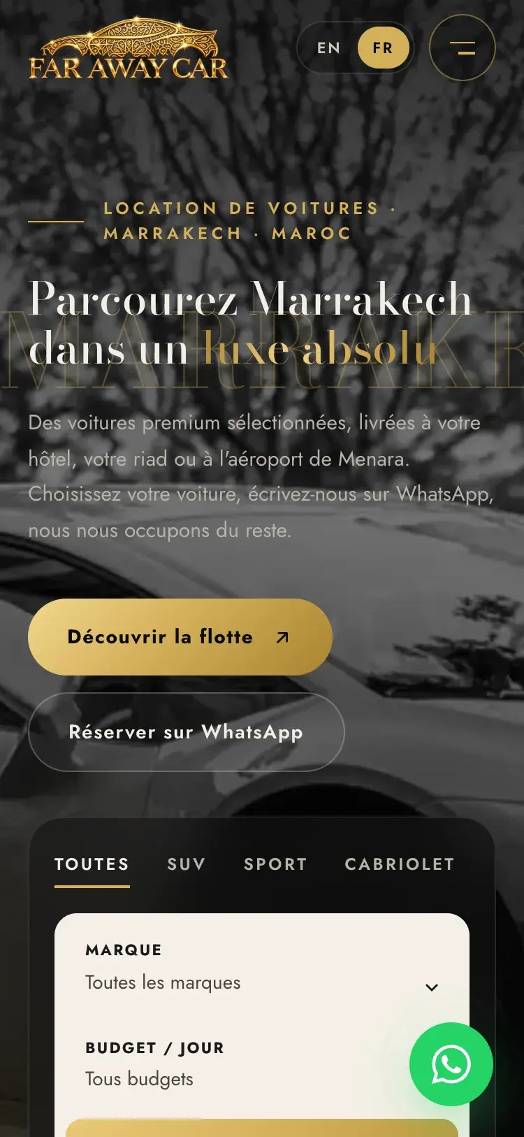 Far Away Car luxury car rental website — French hero on mobile (mobile screenshot)