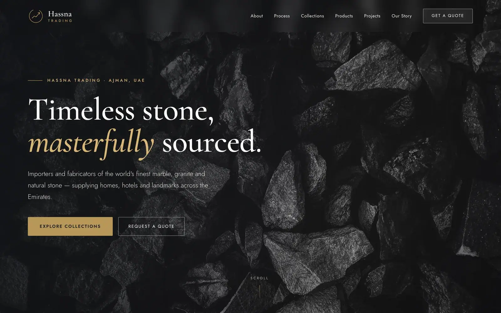 Hassna Trading marble, granite & natural stone website — Dark stone hero with collections and quote (desktop screenshot)