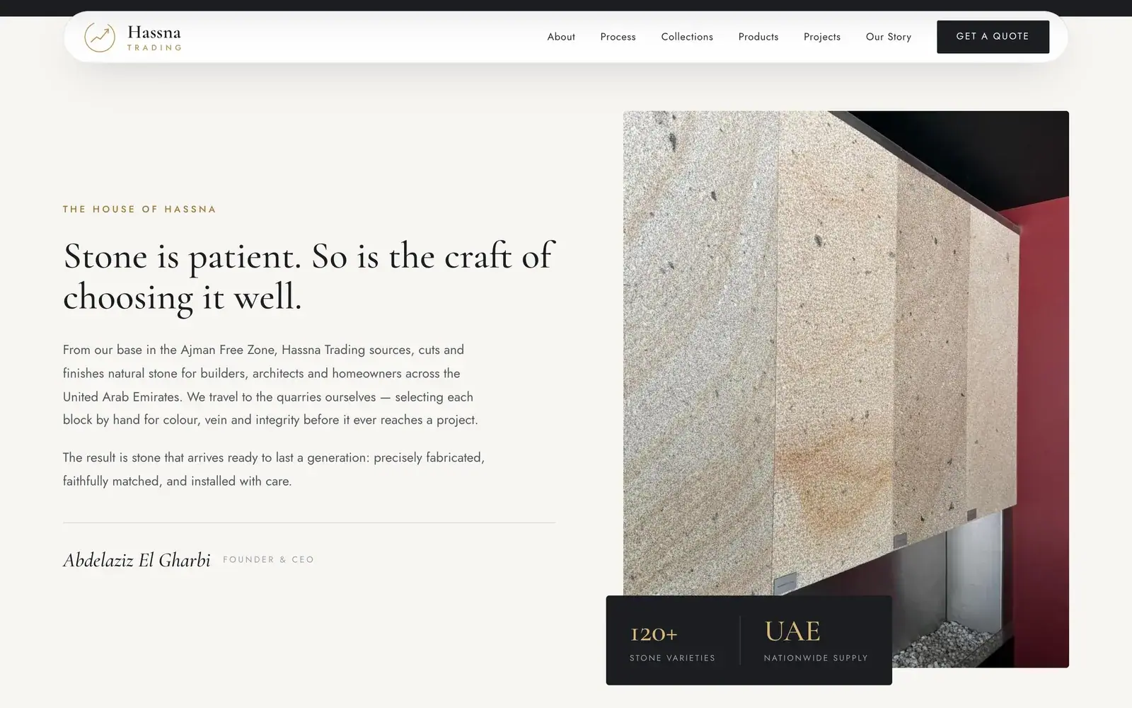Hassna Trading marble, granite & natural stone website — Founder story from the Ajman Free Zone (desktop screenshot)