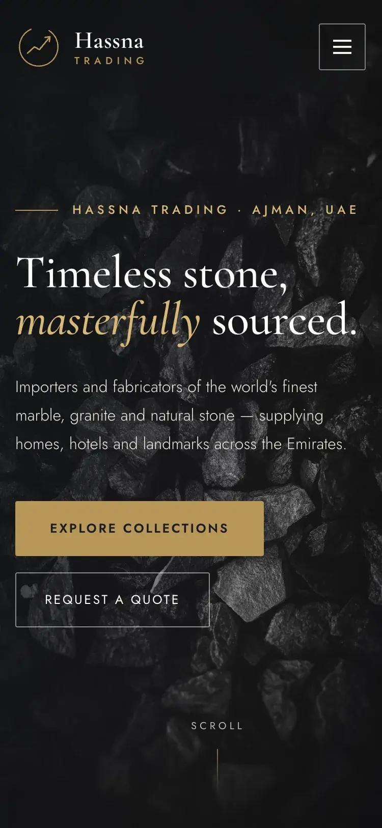 Hassna Trading marble, granite & natural stone website — The same hero on a phone (mobile screenshot)