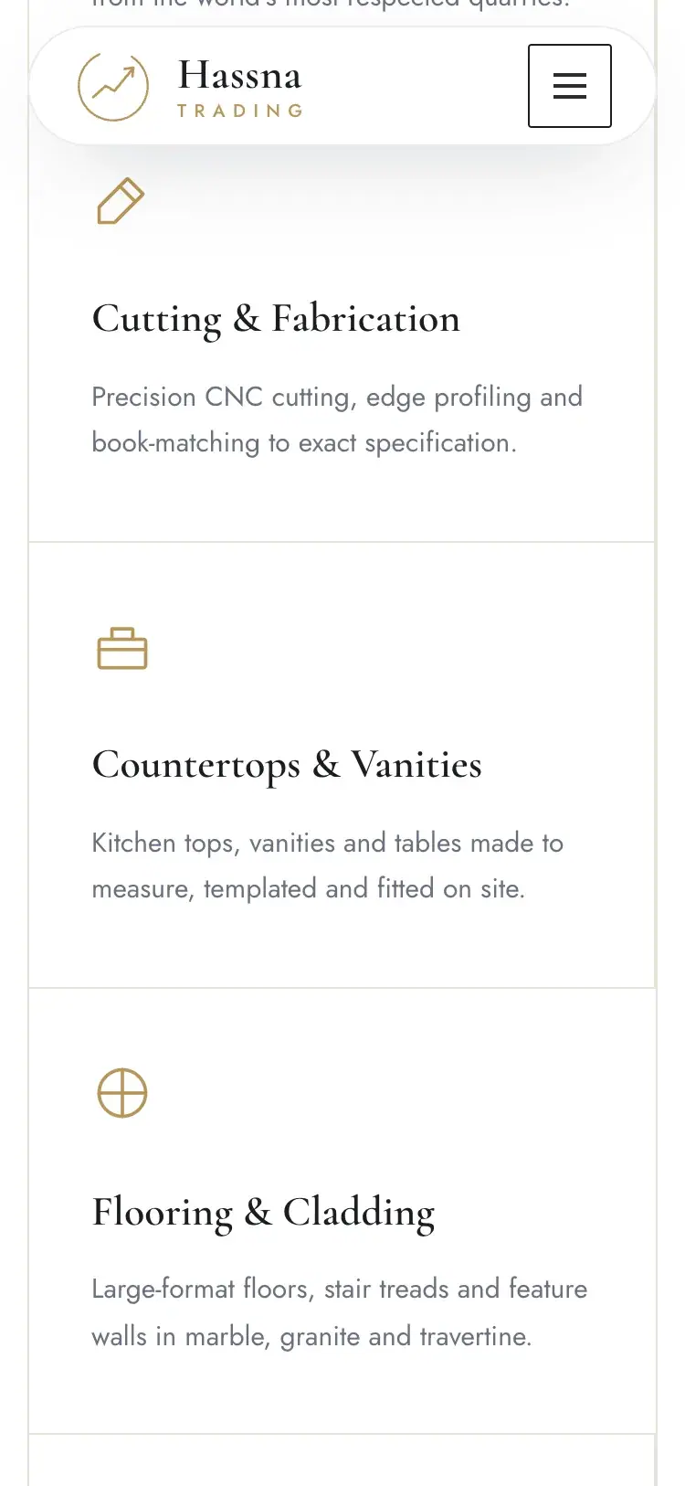 Hassna Trading marble, granite & natural stone website — Services on mobile (mobile screenshot)