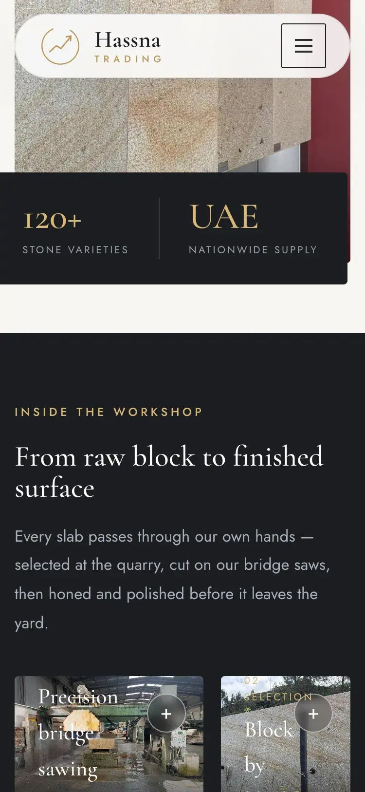 Hassna Trading marble, granite & natural stone website — Inside the workshop: block to surface (mobile screenshot)