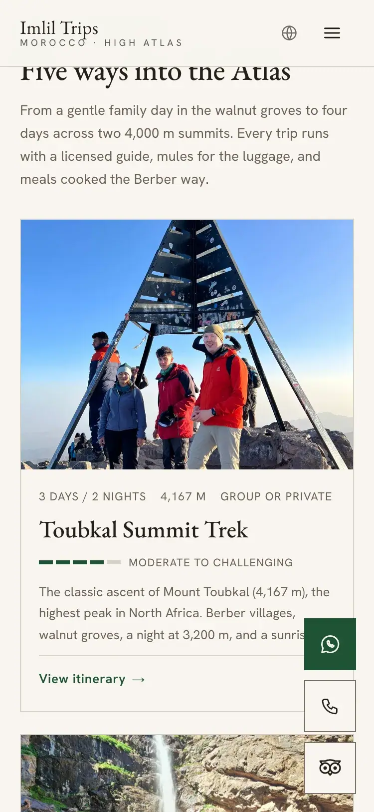 Imlil Trips Morocco mountain guide & trekking website — Toubkal summit trek card (mobile screenshot)