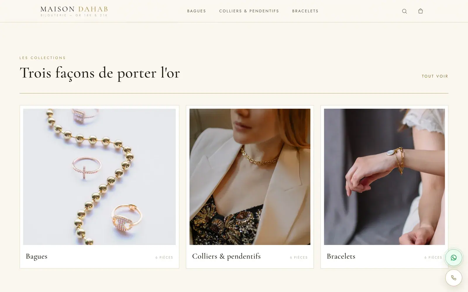 Maison Dahab gold jewellery website — Rings, necklaces and bracelets (desktop screenshot)