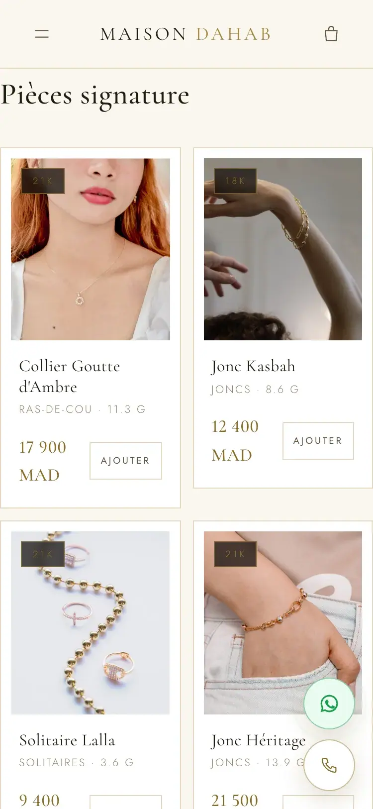 Maison Dahab gold jewellery website — Signature pieces on mobile (mobile screenshot)