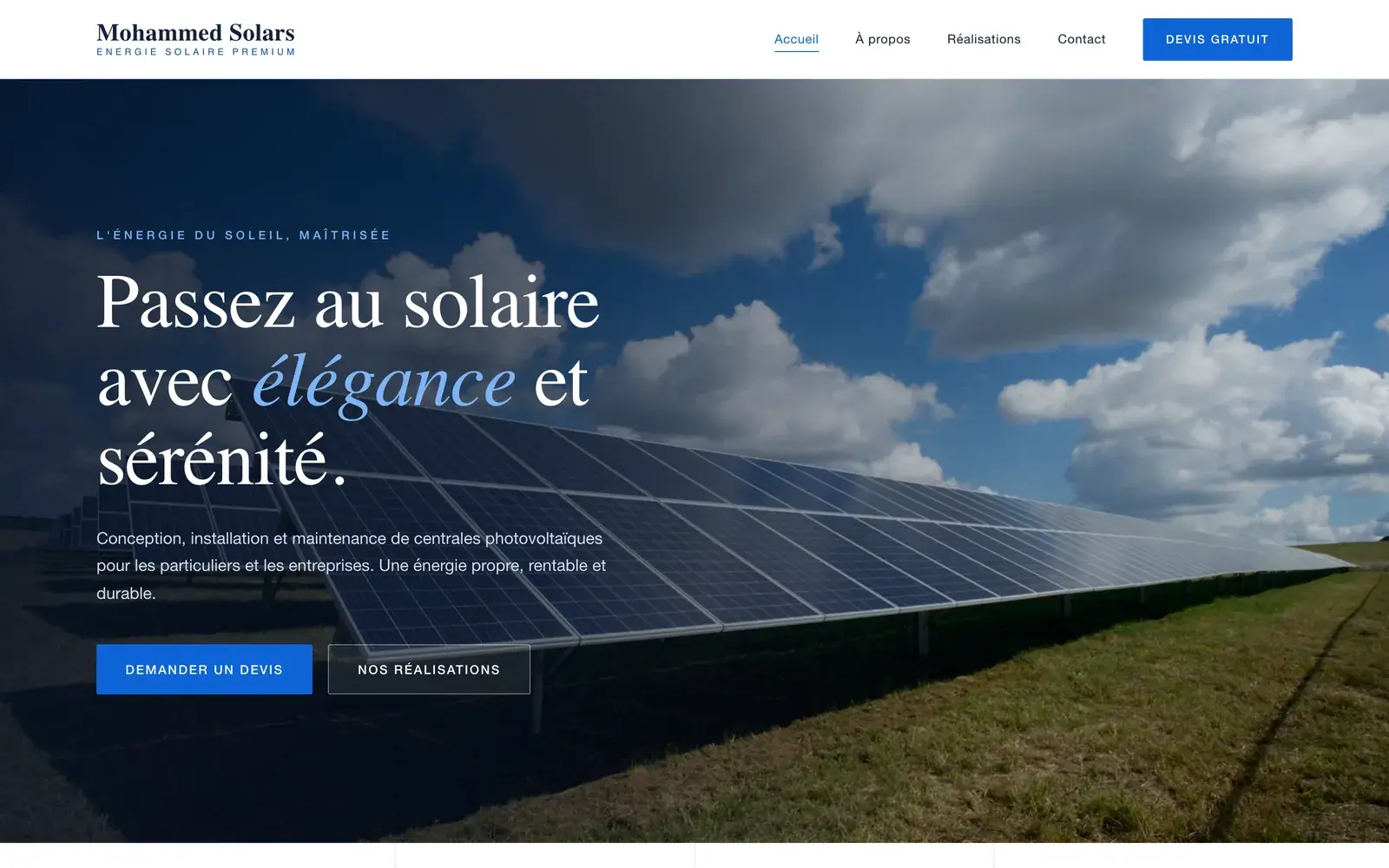 Mohammed Solars solar installation website — Solar hero with quote request (desktop screenshot)