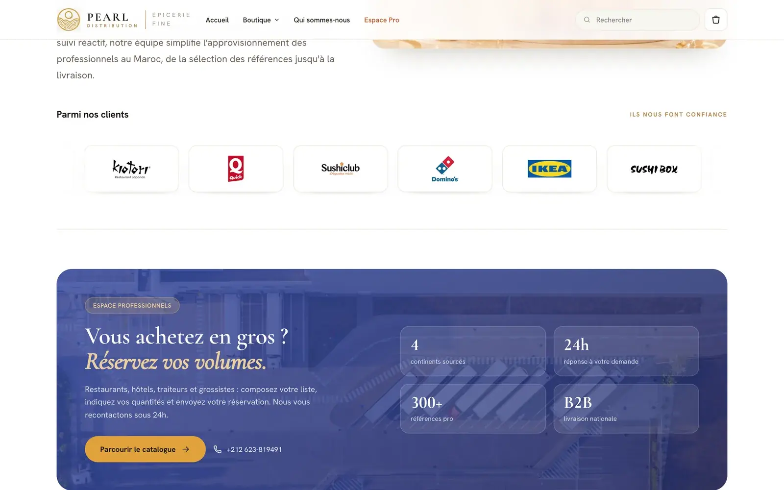 Pearl Distribution food import & wholesale distribution website — Professional space for volume orders (desktop screenshot)