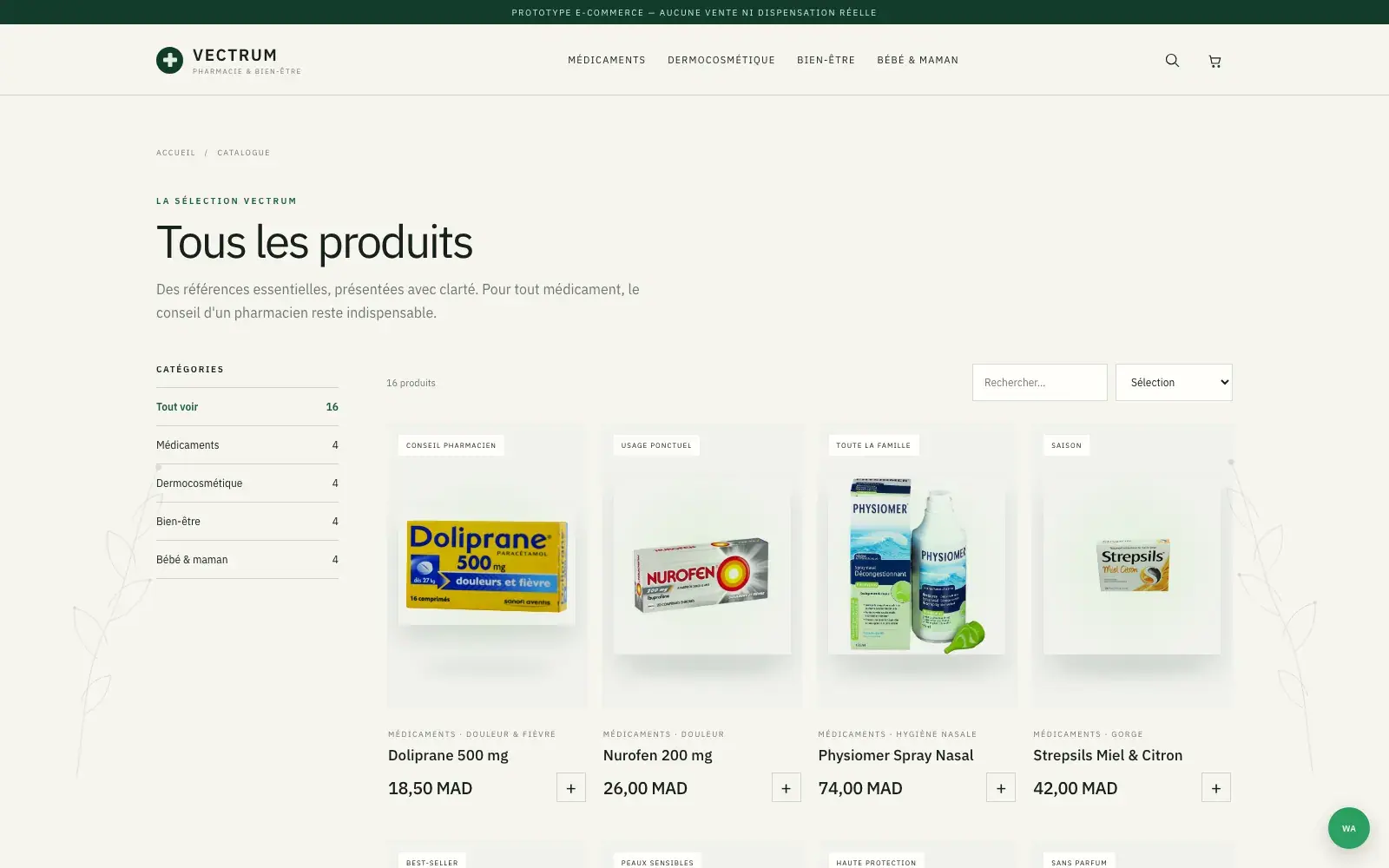 Vectrum Pharmacie pharmacy & parapharmacy website — Full catalogue with category filters (desktop screenshot)