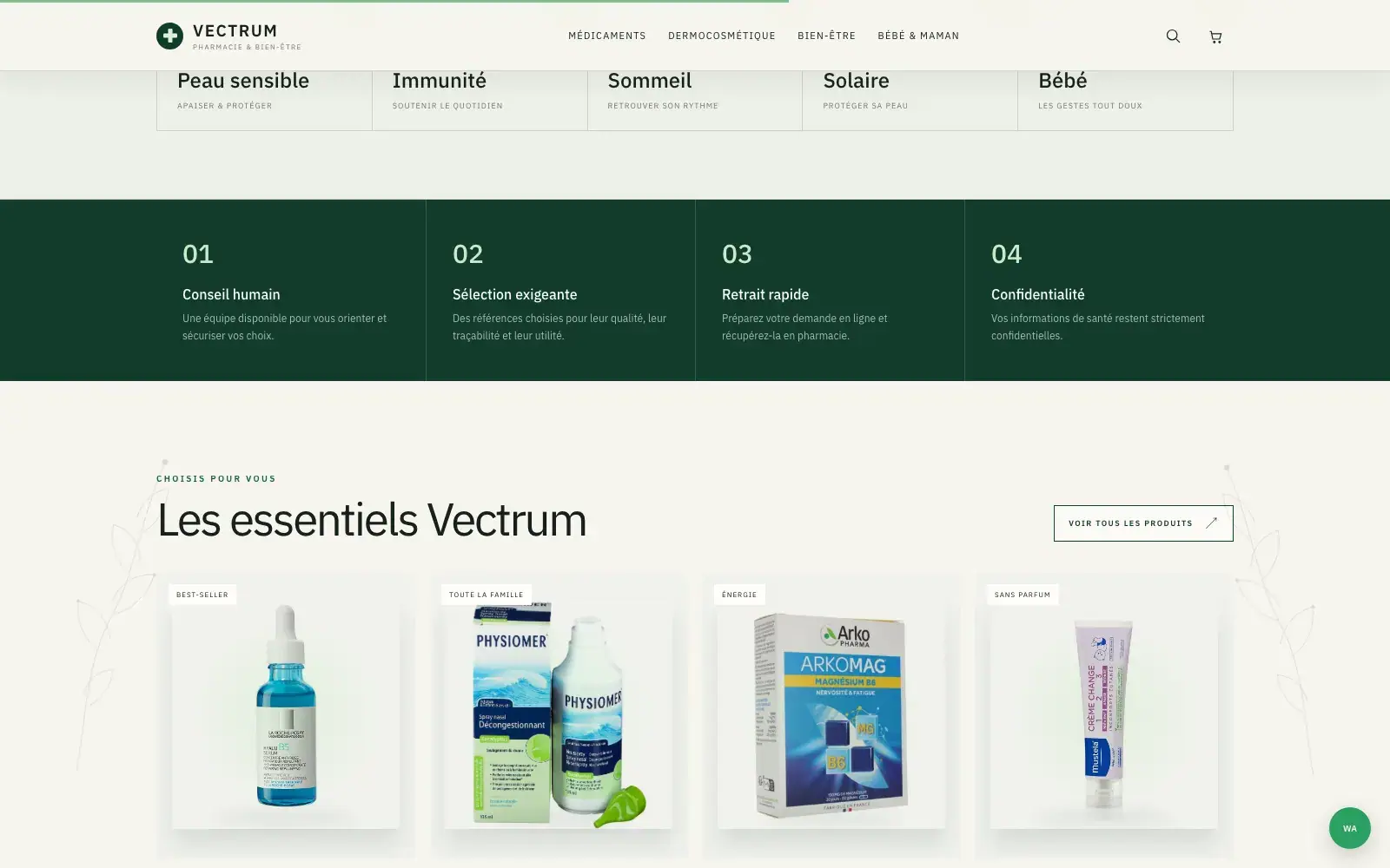 Vectrum Pharmacie pharmacy & parapharmacy website — Curated essentials row (desktop screenshot)
