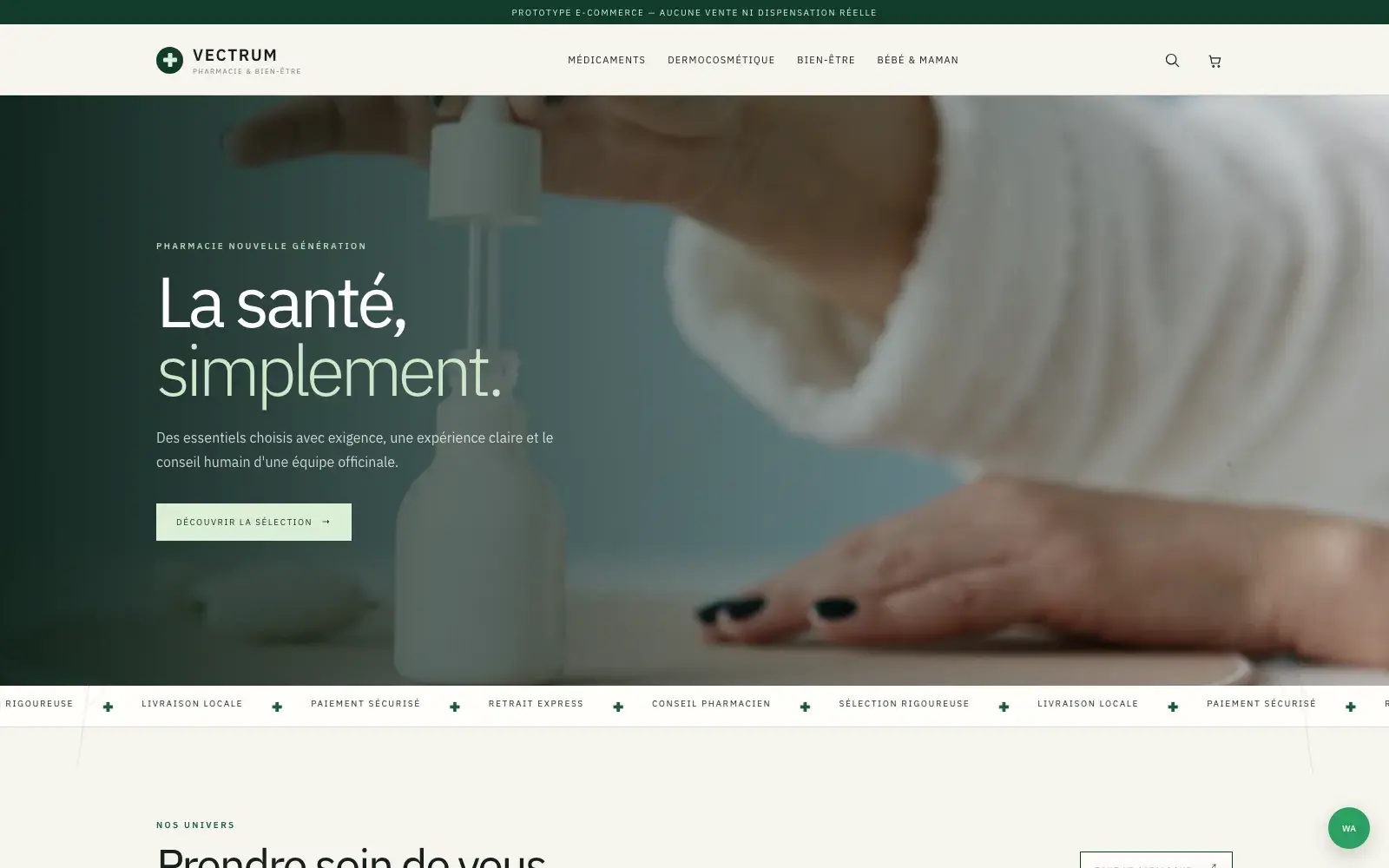 Vectrum Pharmacie pharmacy & parapharmacy website — Calm, reassuring homepage (desktop screenshot)