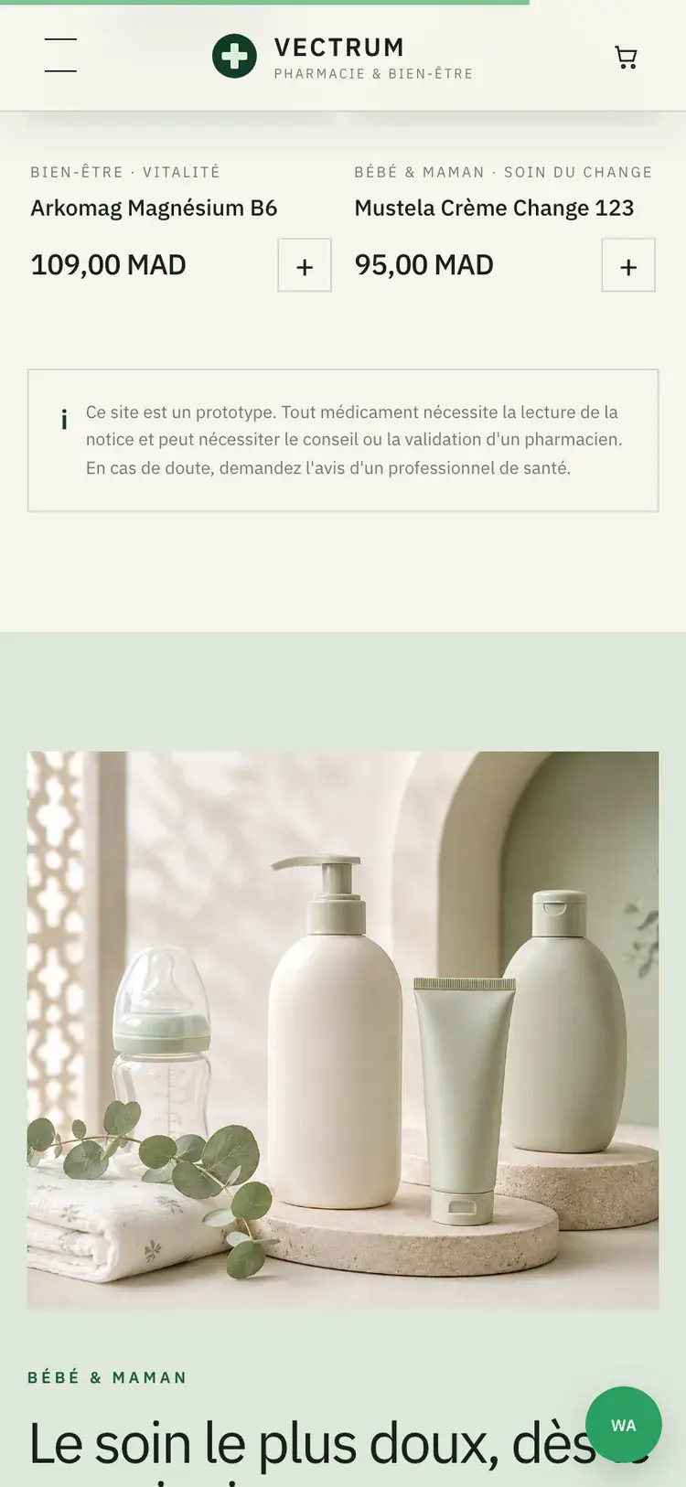 Vectrum Pharmacie pharmacy & parapharmacy website — Mother and baby universe (mobile screenshot)
