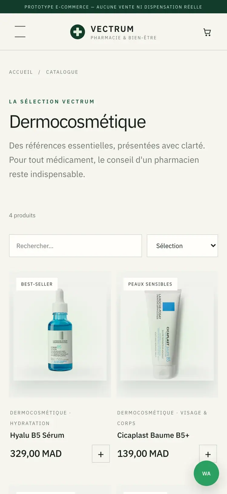 Vectrum Pharmacie pharmacy & parapharmacy website — Dermocosmetics catalogue (mobile screenshot)