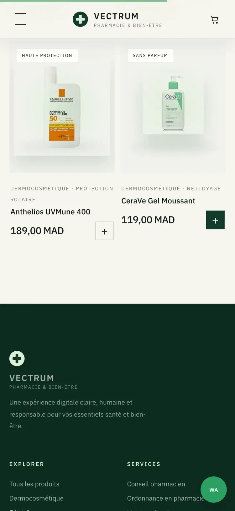 Vectrum Pharmacie pharmacy & parapharmacy website — Product cards with cart actions (mobile screenshot)