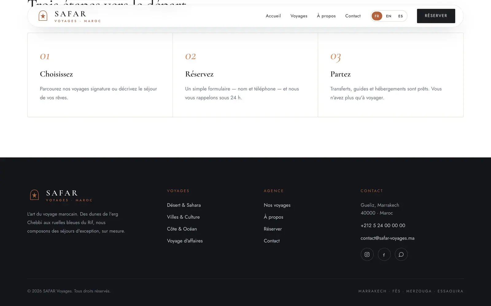SAFAR Voyages travel agency website — Three steps from choice to departure (desktop screenshot)