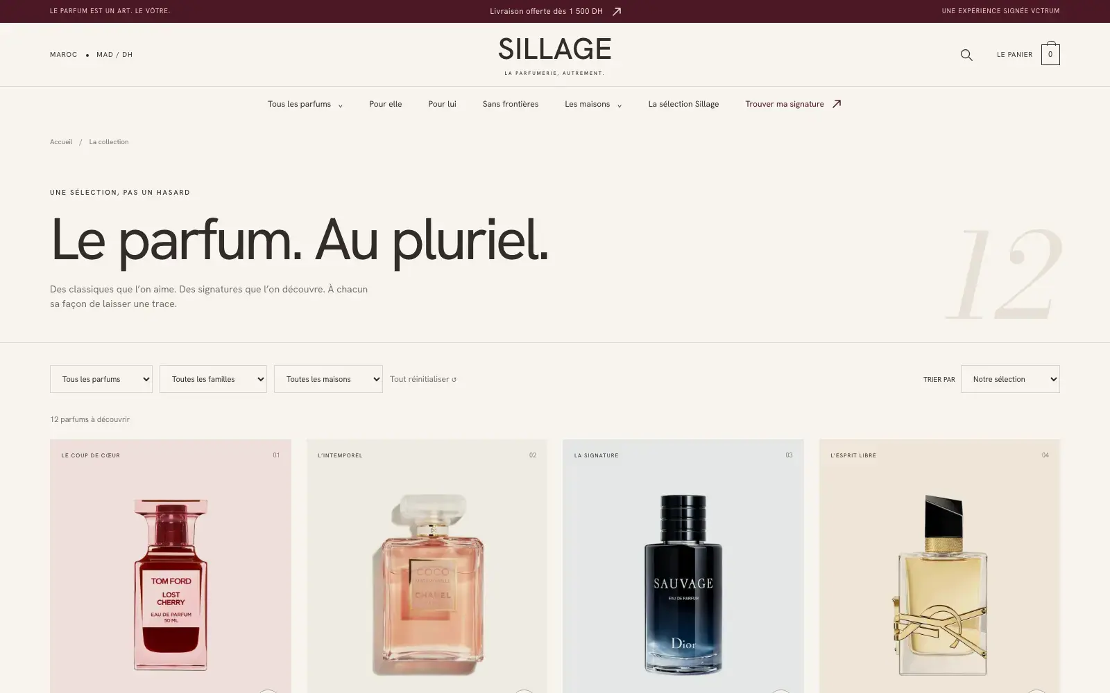 Sillage perfume & beauty ecommerce website — Collection with family and house filters (desktop screenshot)
