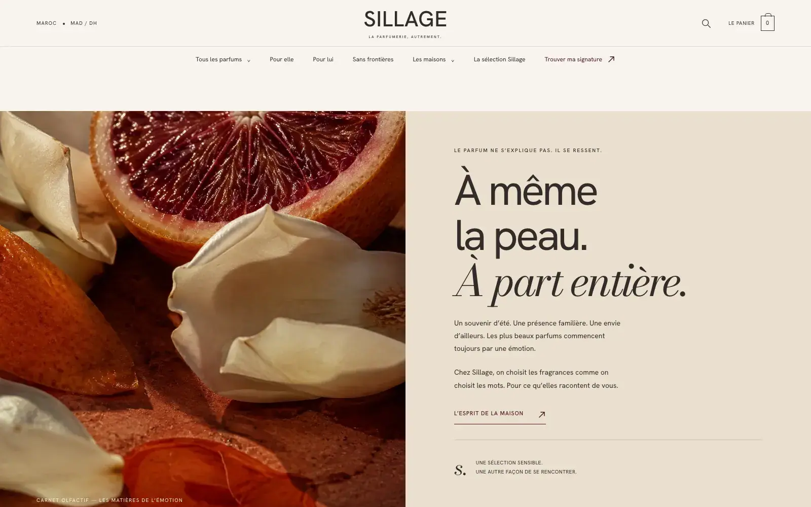 Sillage perfume & beauty ecommerce website — Editorial storytelling between products (desktop screenshot)