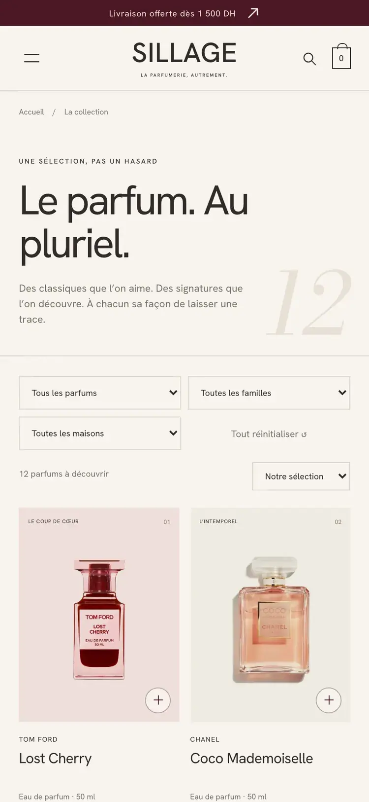 Sillage perfume & beauty ecommerce website — Mobile collection and filters (mobile screenshot)