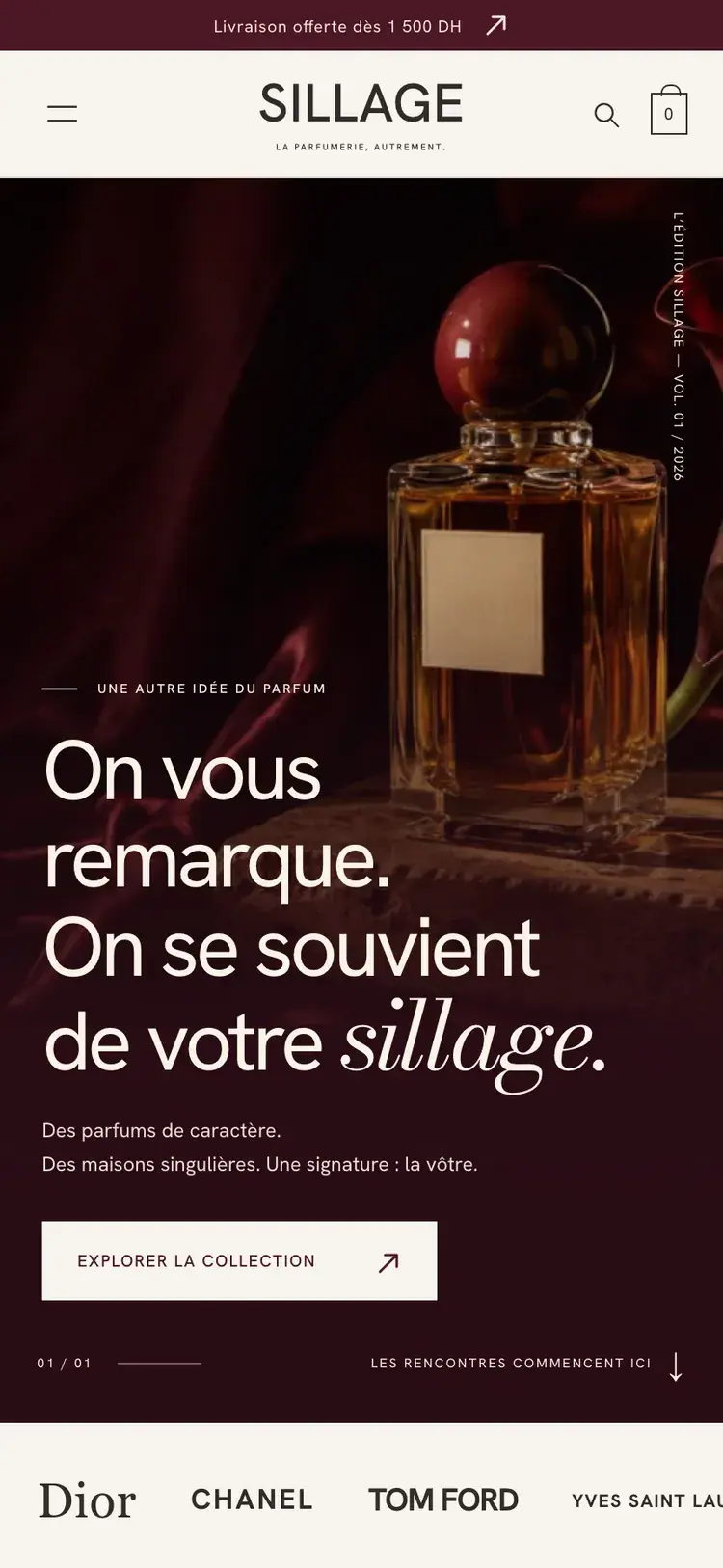 Sillage perfume & beauty ecommerce website — The same hero on a phone (mobile screenshot)