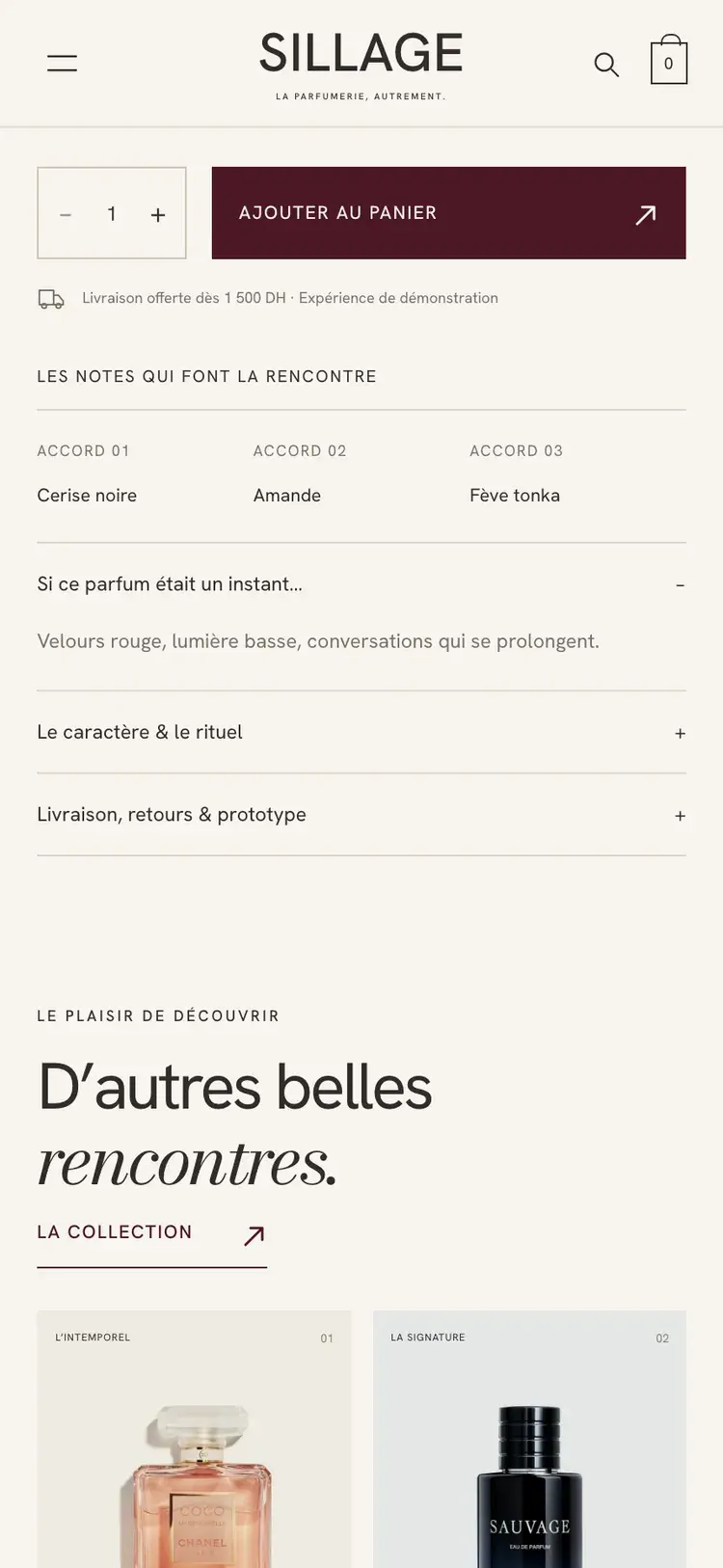Sillage perfume & beauty ecommerce website — Fragrance notes and add to basket (mobile screenshot)
