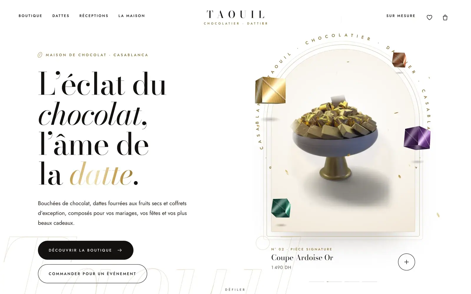 Taouil Chocolatier chocolate & dates · food ecommerce website — Editorial chocolatier homepage (desktop screenshot)