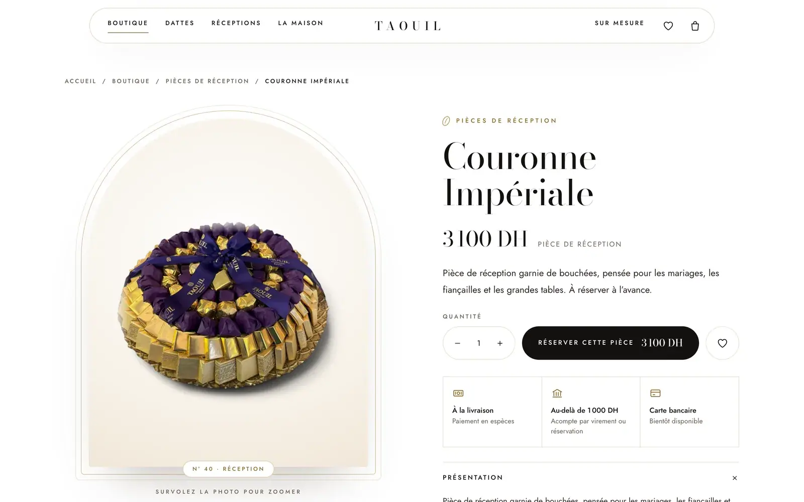 Taouil Chocolatier chocolate & dates · food ecommerce website — Product page with reservation and payment terms (desktop screenshot)