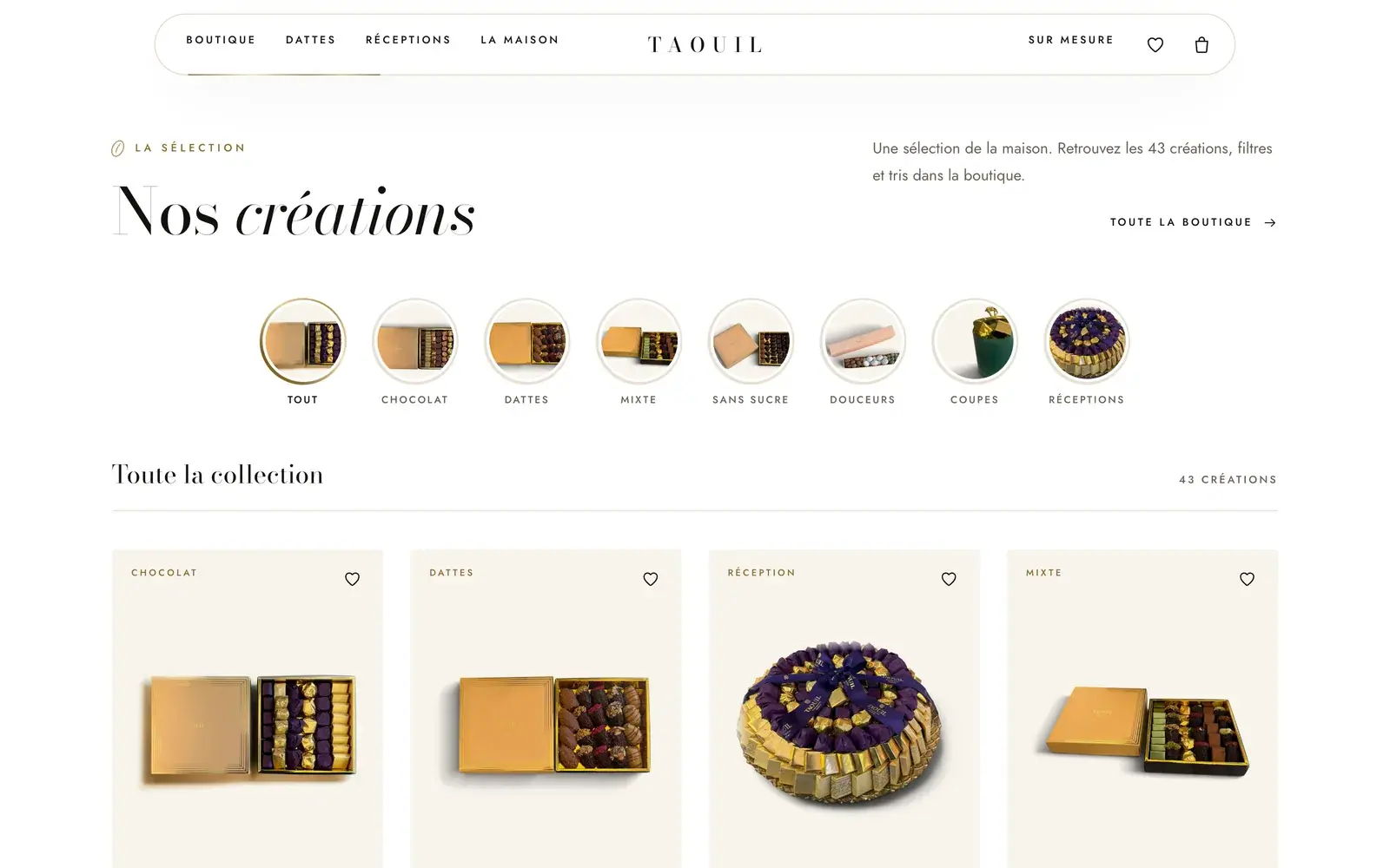 Taouil Chocolatier chocolate & dates · food ecommerce website — Selection with universe shortcuts (desktop screenshot)