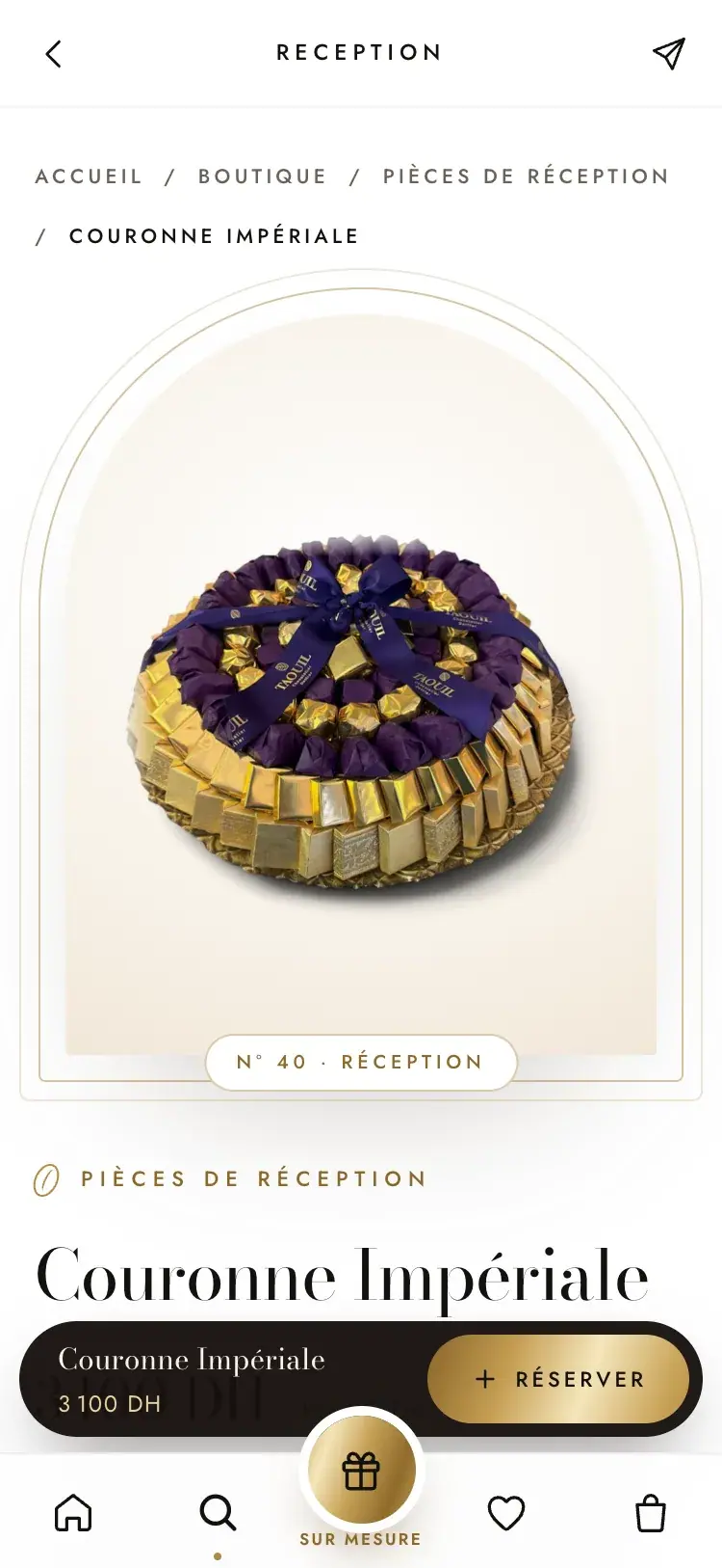 Taouil Chocolatier chocolate & dates · food ecommerce website — Product detail with sticky reserve bar (mobile screenshot)