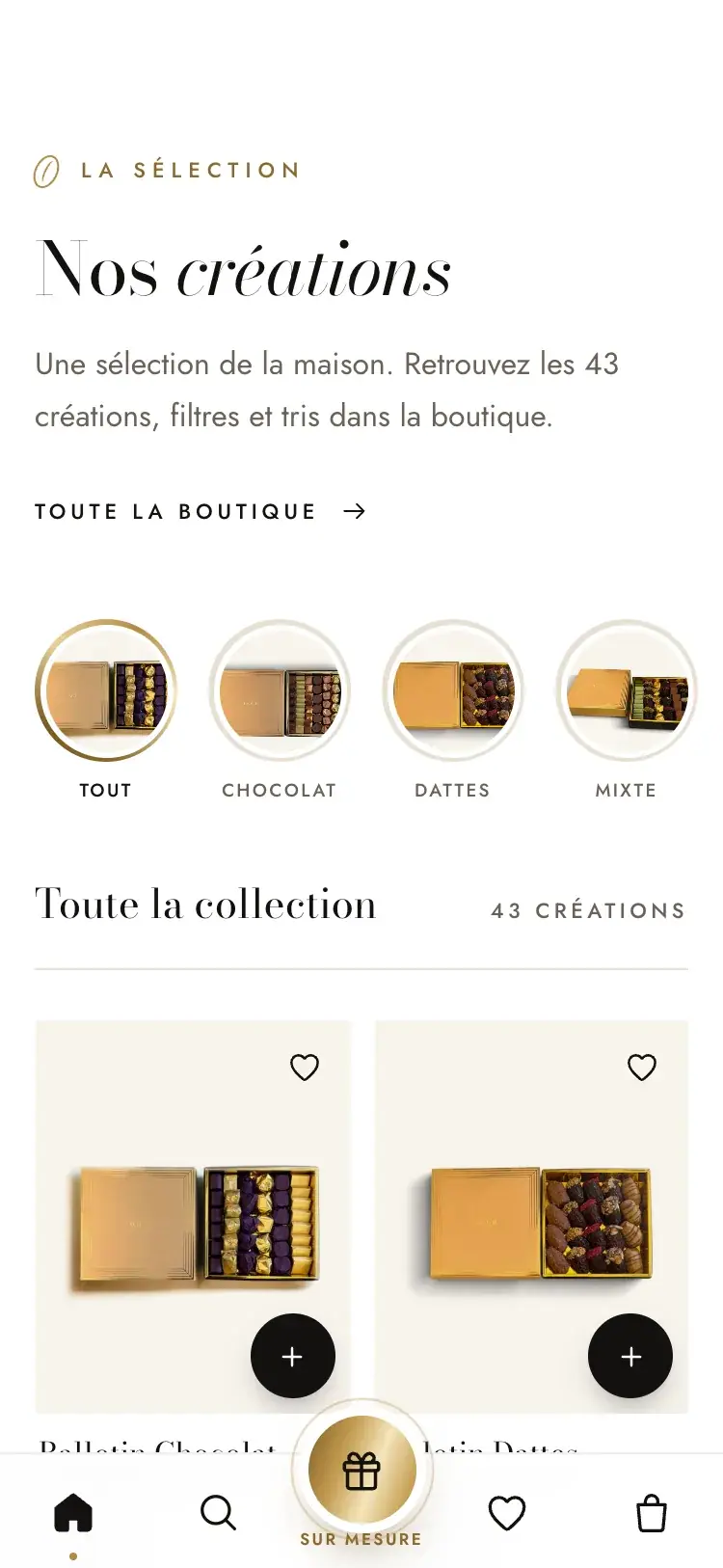 Taouil Chocolatier chocolate & dates · food ecommerce website — Creations by universe (mobile screenshot)