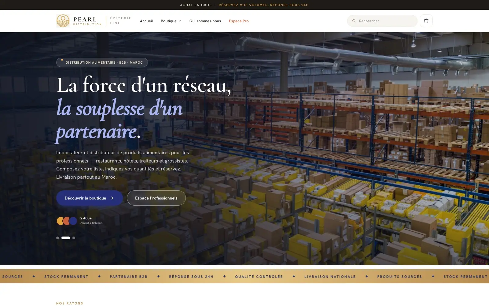 Pearl Distribution (B2B grocery · Morocco) — homepage on a desktop screen
