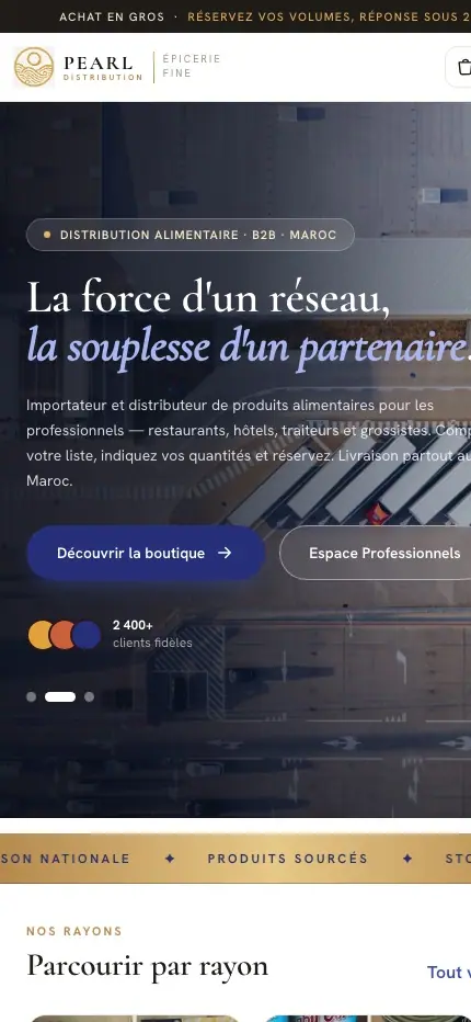 Pearl Distribution (B2B grocery · Morocco) — homepage on a phone