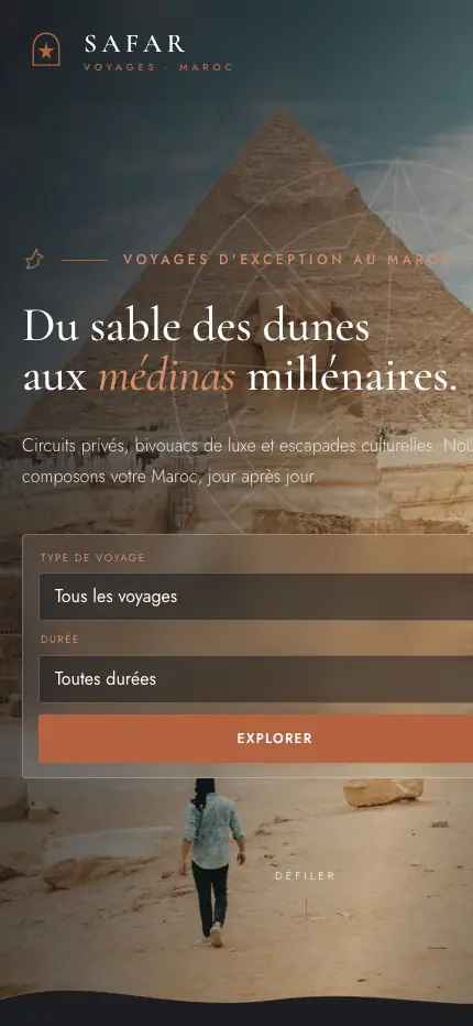 SAFAR Voyages (Travel agency prototype · Morocco) — homepage on a phone